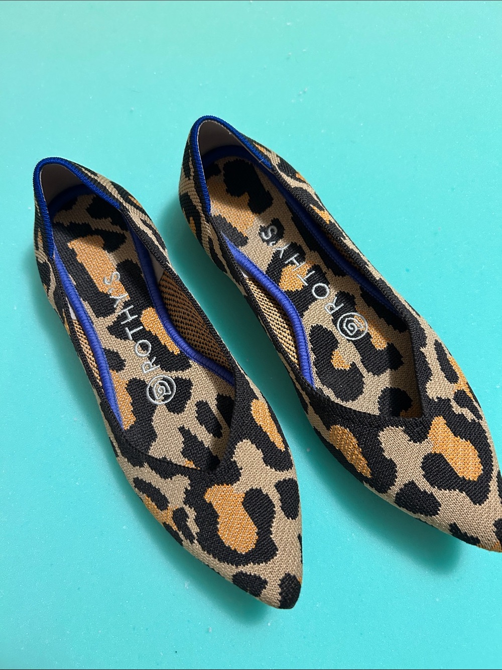 Rothy's Leopard Print Pointed Toe Flats in Tan, Black & Gold